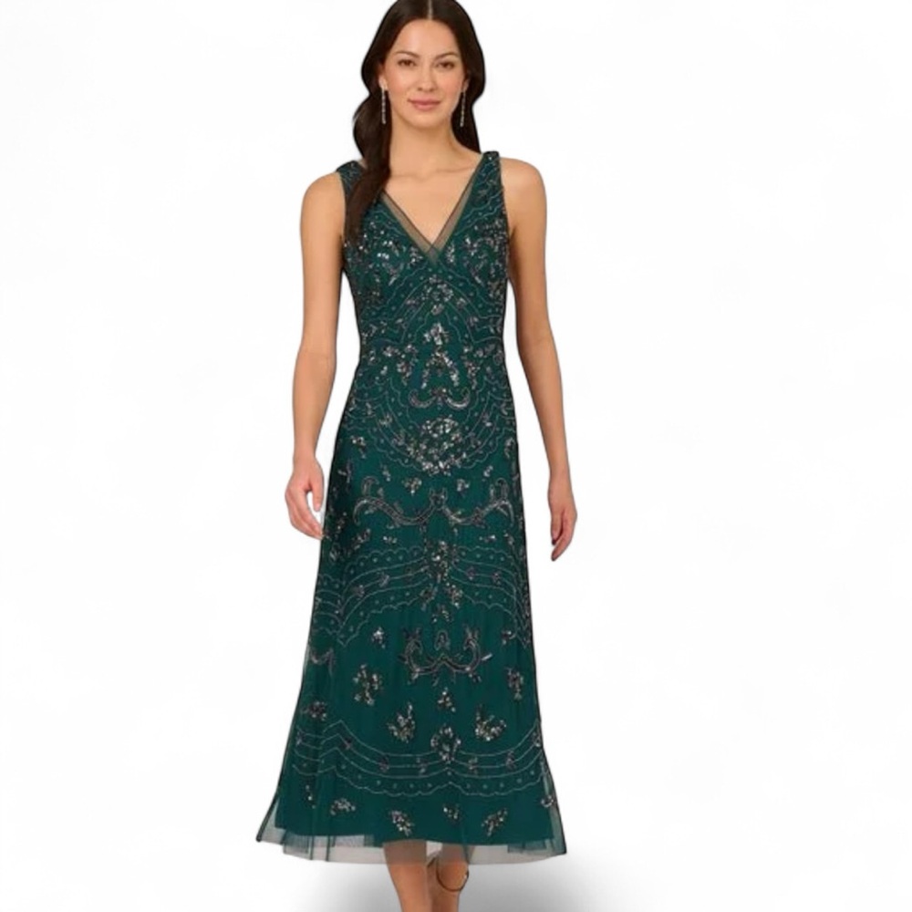 Adrianna Papell Teal Embellished Midi Dress